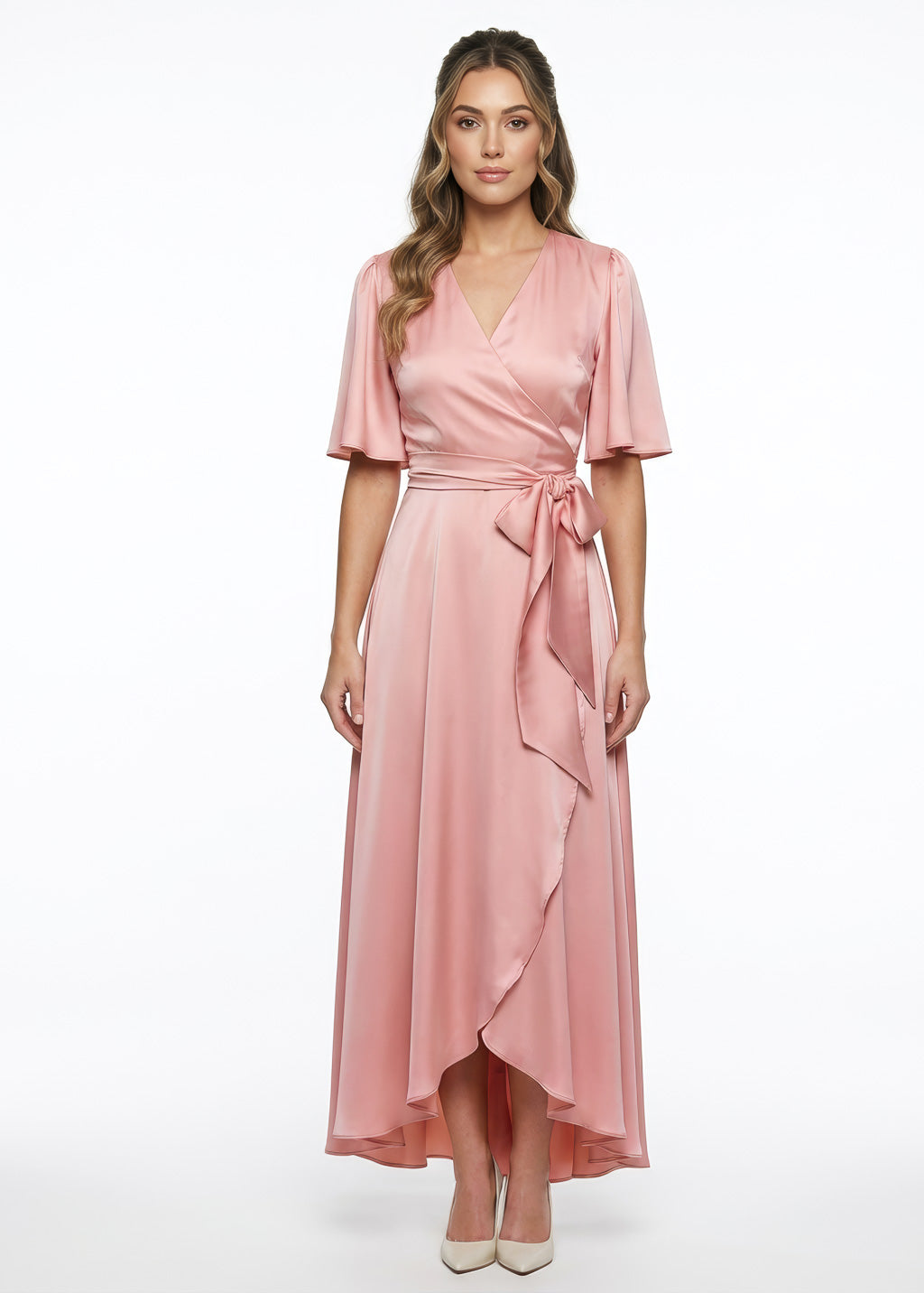 Blush pink silk long wrap dress