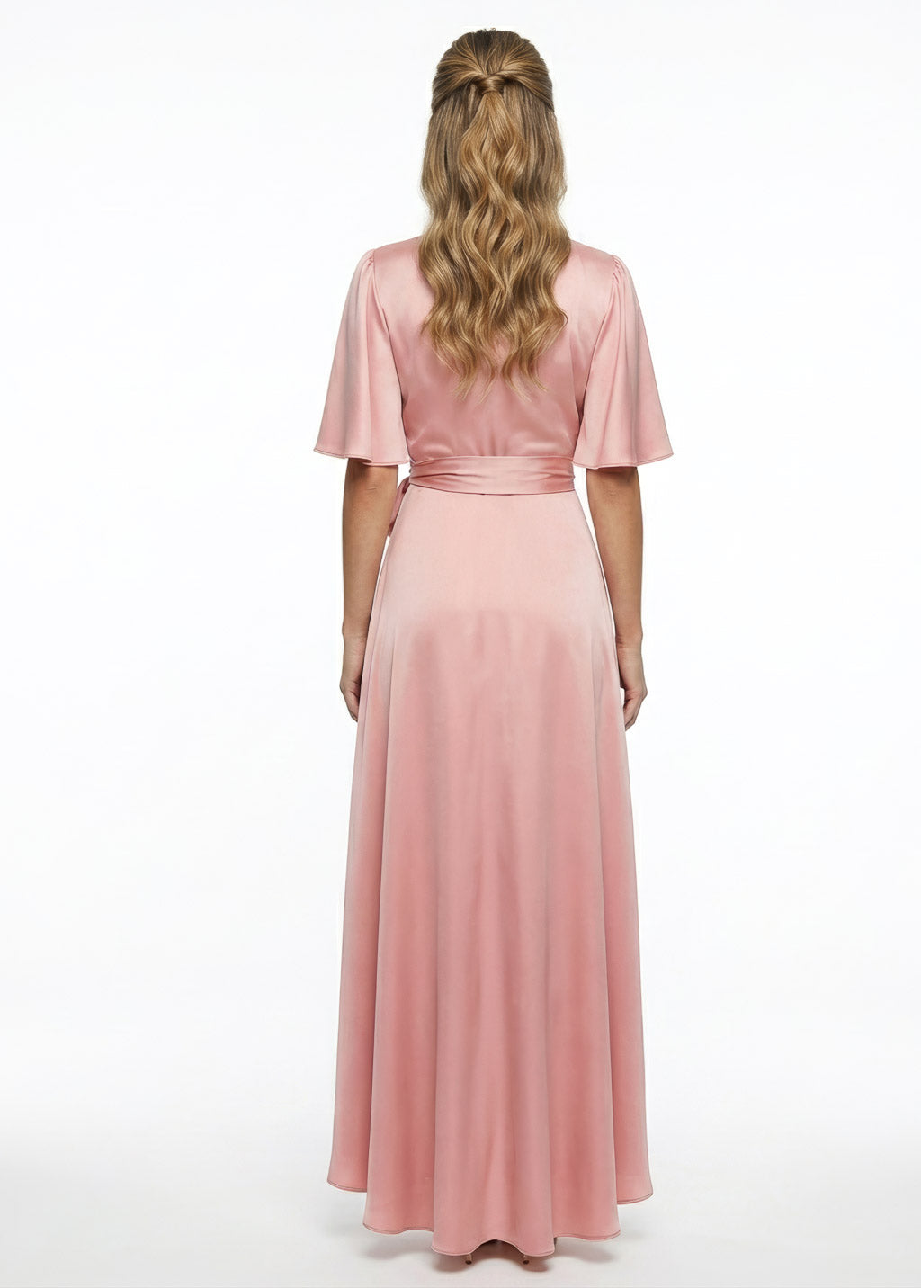 Blush pink silk long wrap dress