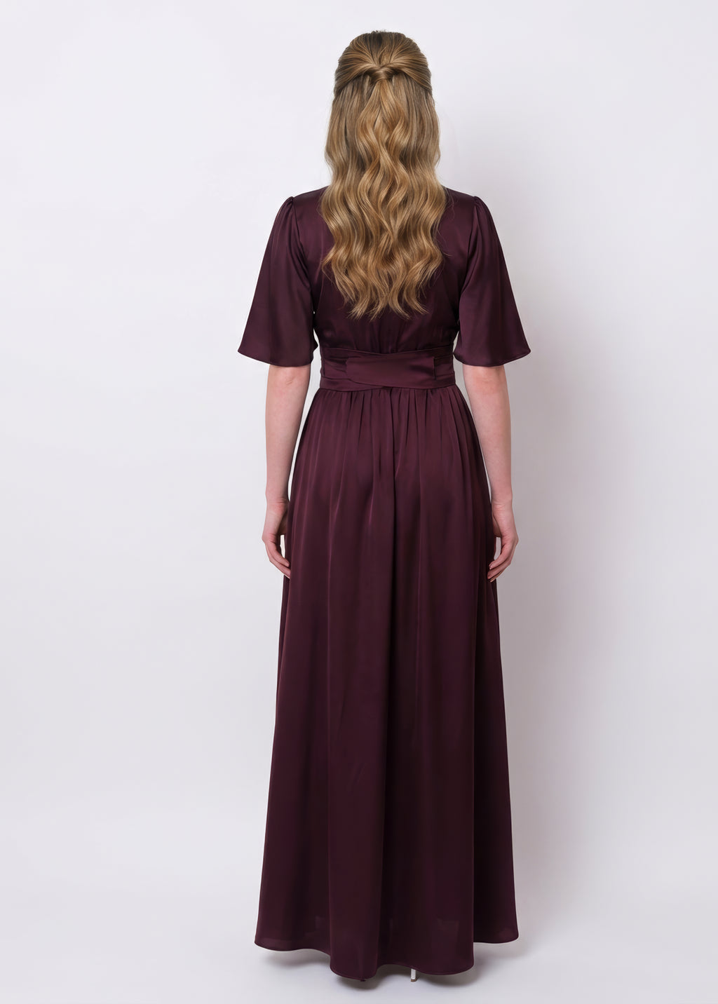 Silk Dark Burgundy Bridesmaids Slit Dress with Belt