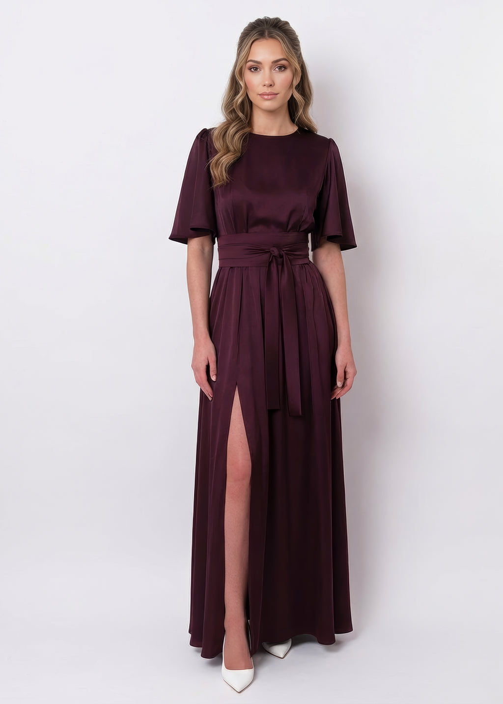 Silk Dark Burgundy Bridesmaids Slit Dress with Belt