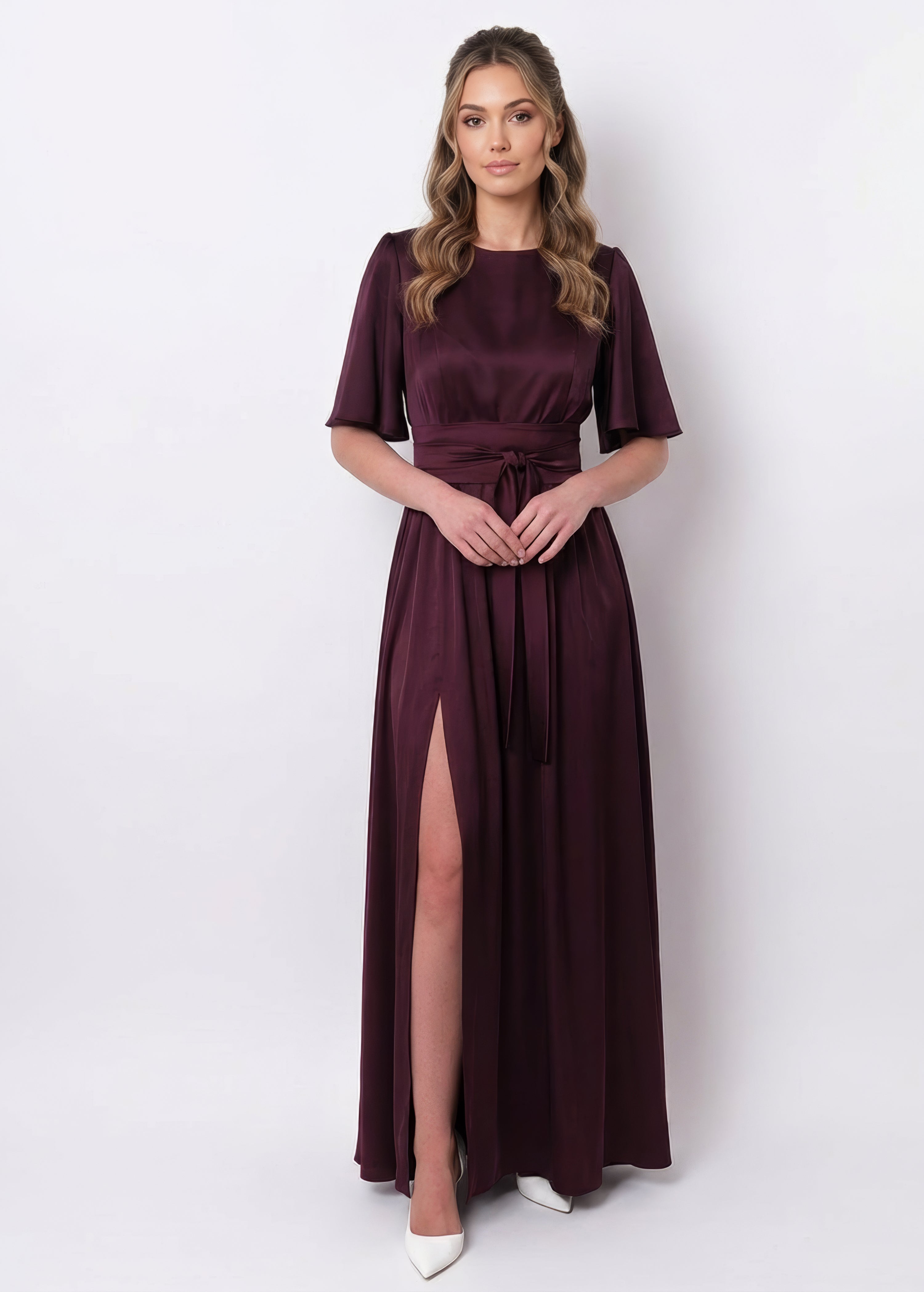 Dark burgundy slit silk dress with belt