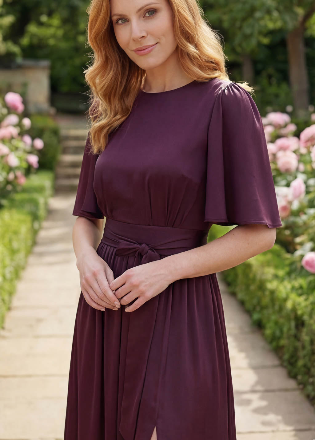 Silk Dark Burgundy Bridesmaids Slit Dress with Belt