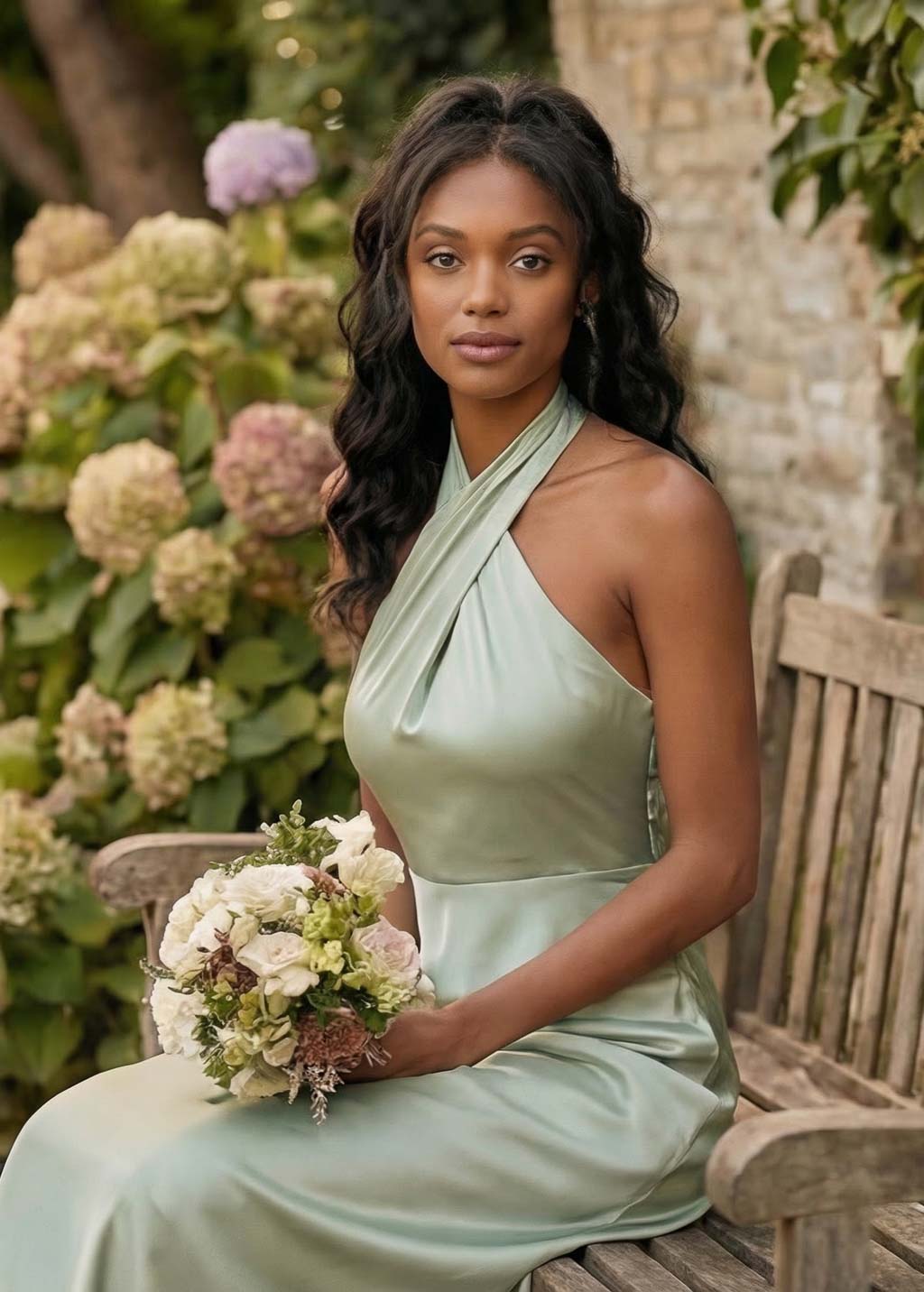 Light Sage Silk Halter Bridesmaids Dress