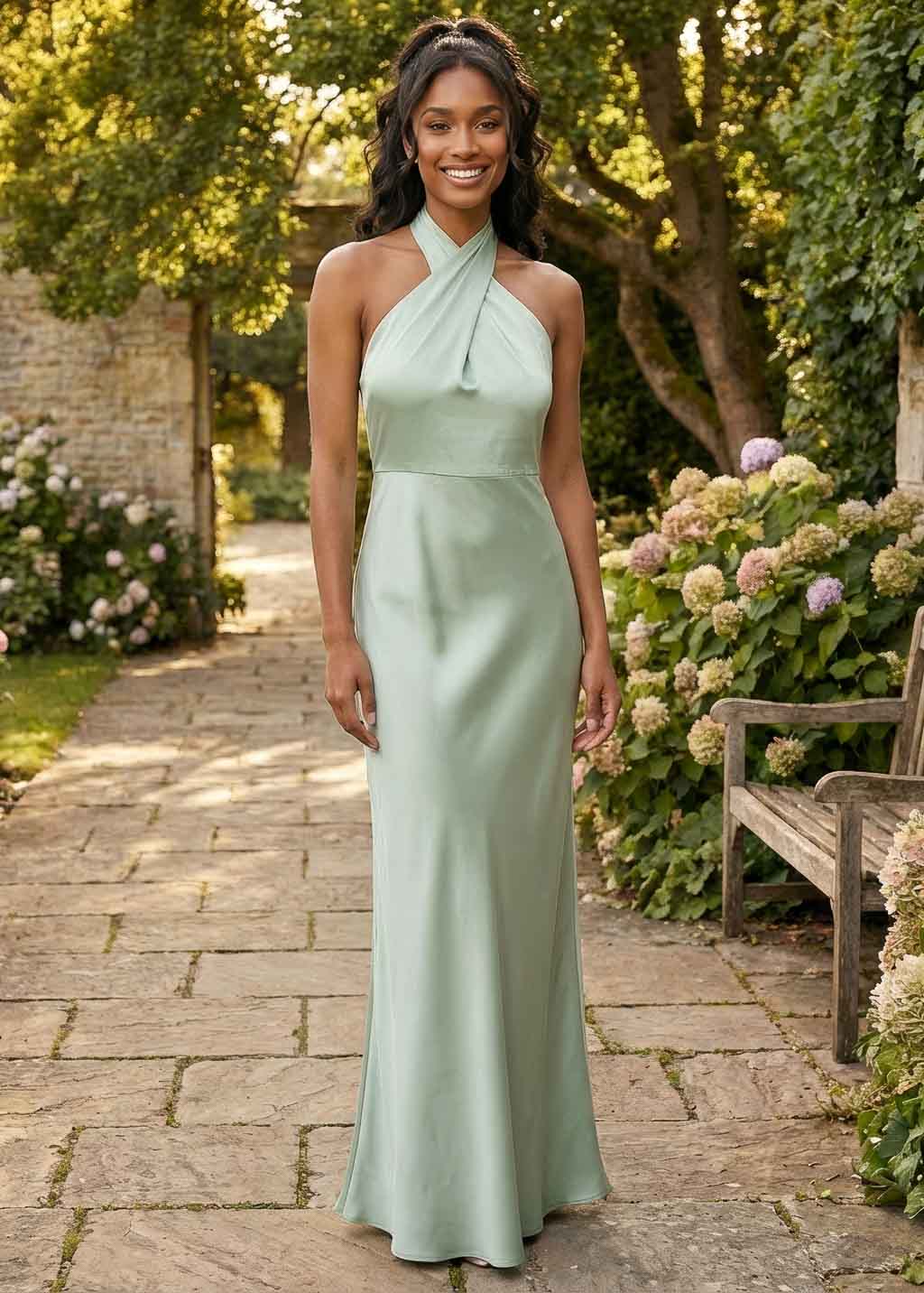 Light Sage Silk Halter Bridesmaids Dress