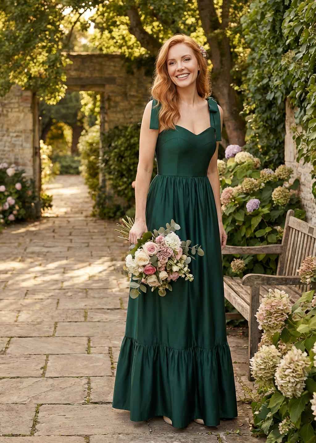 Robe longue en satin vert foncé