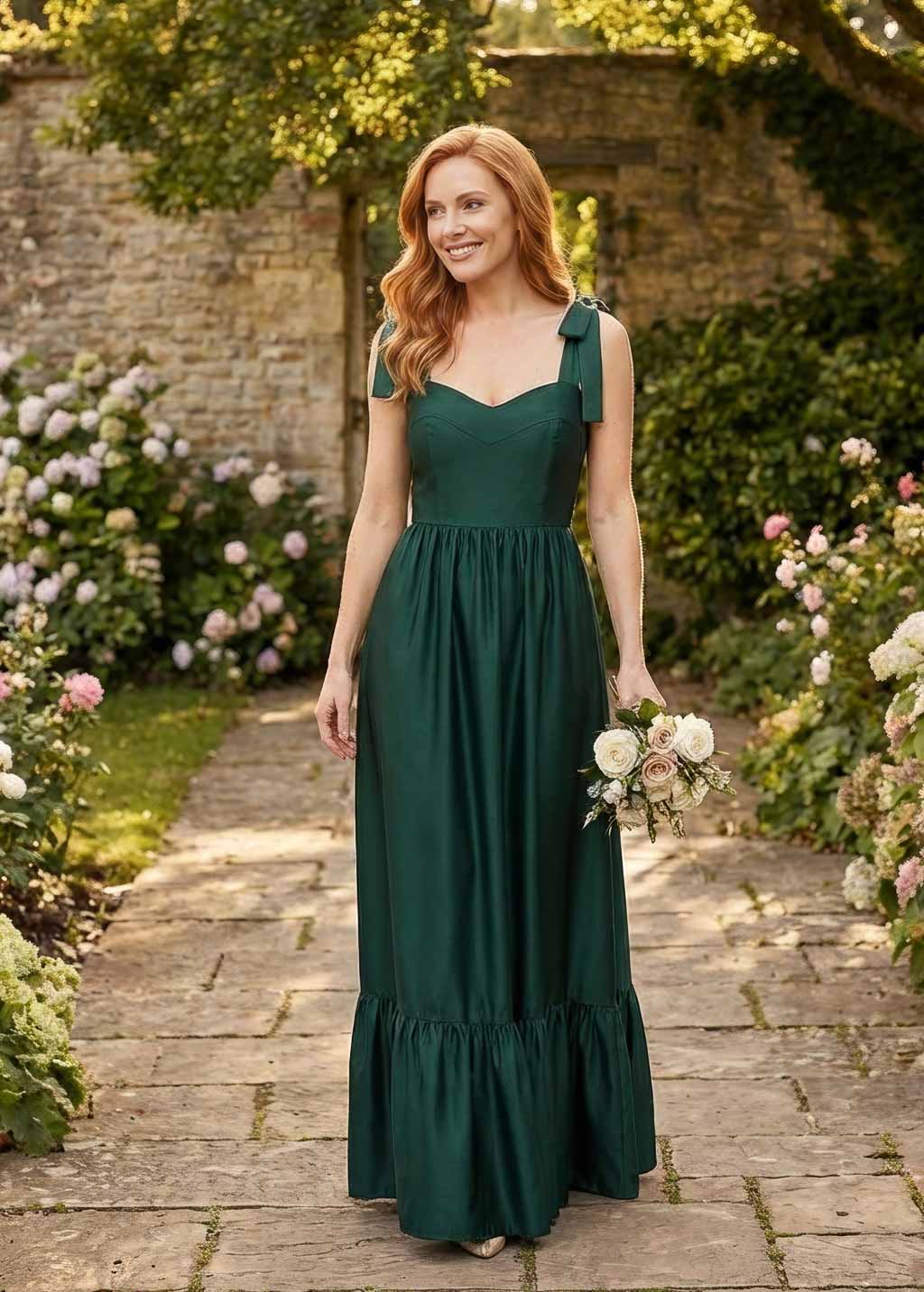 Robe longue en satin vert foncé