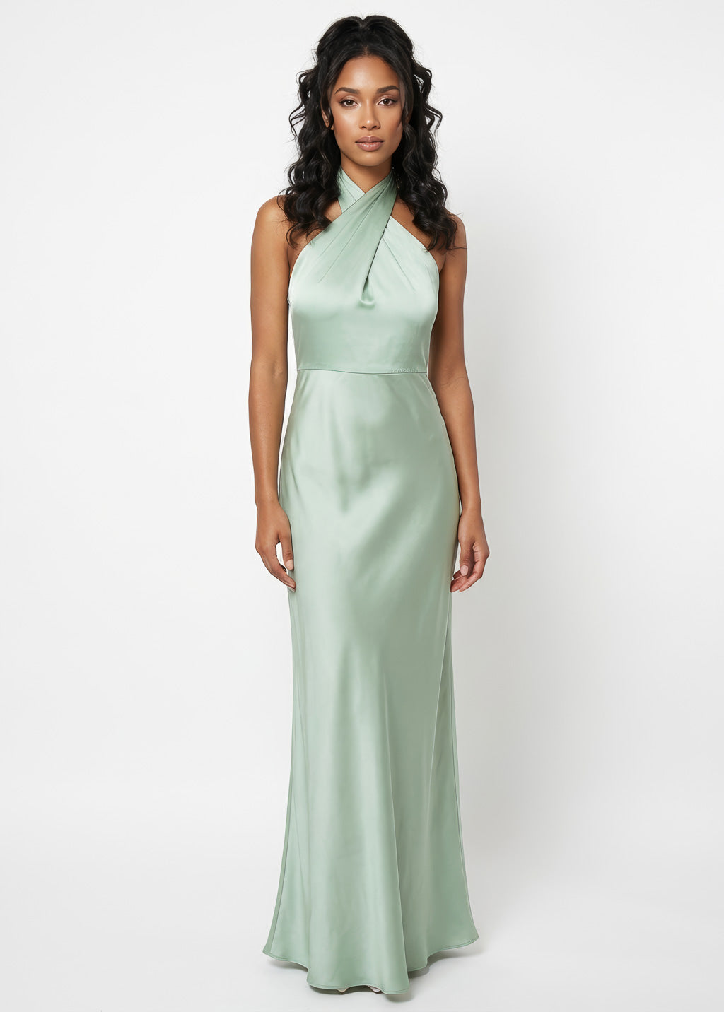 Light Sage Silk Halter Bridesmaids Dress