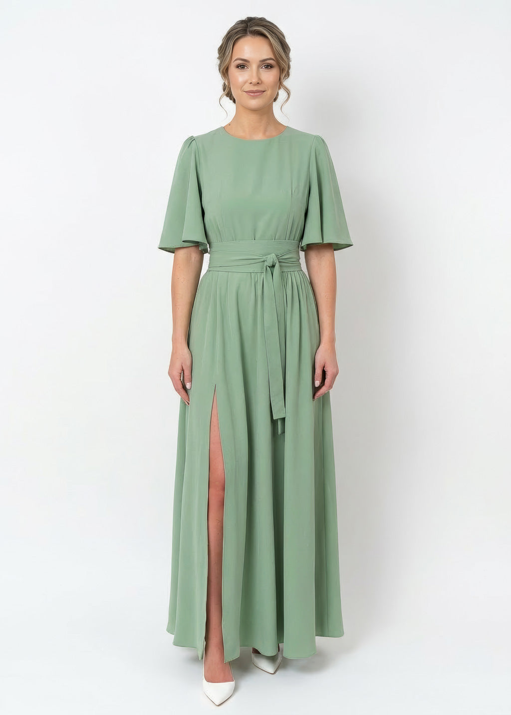 Sage Green Bridesmaid Slit Dress with Belt
