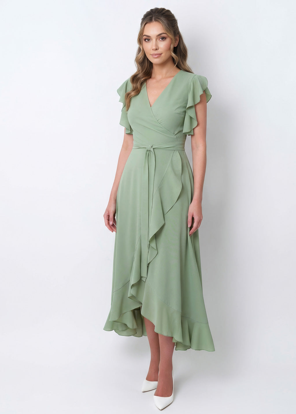 Robe portefeuille en mousseline vert sauge 