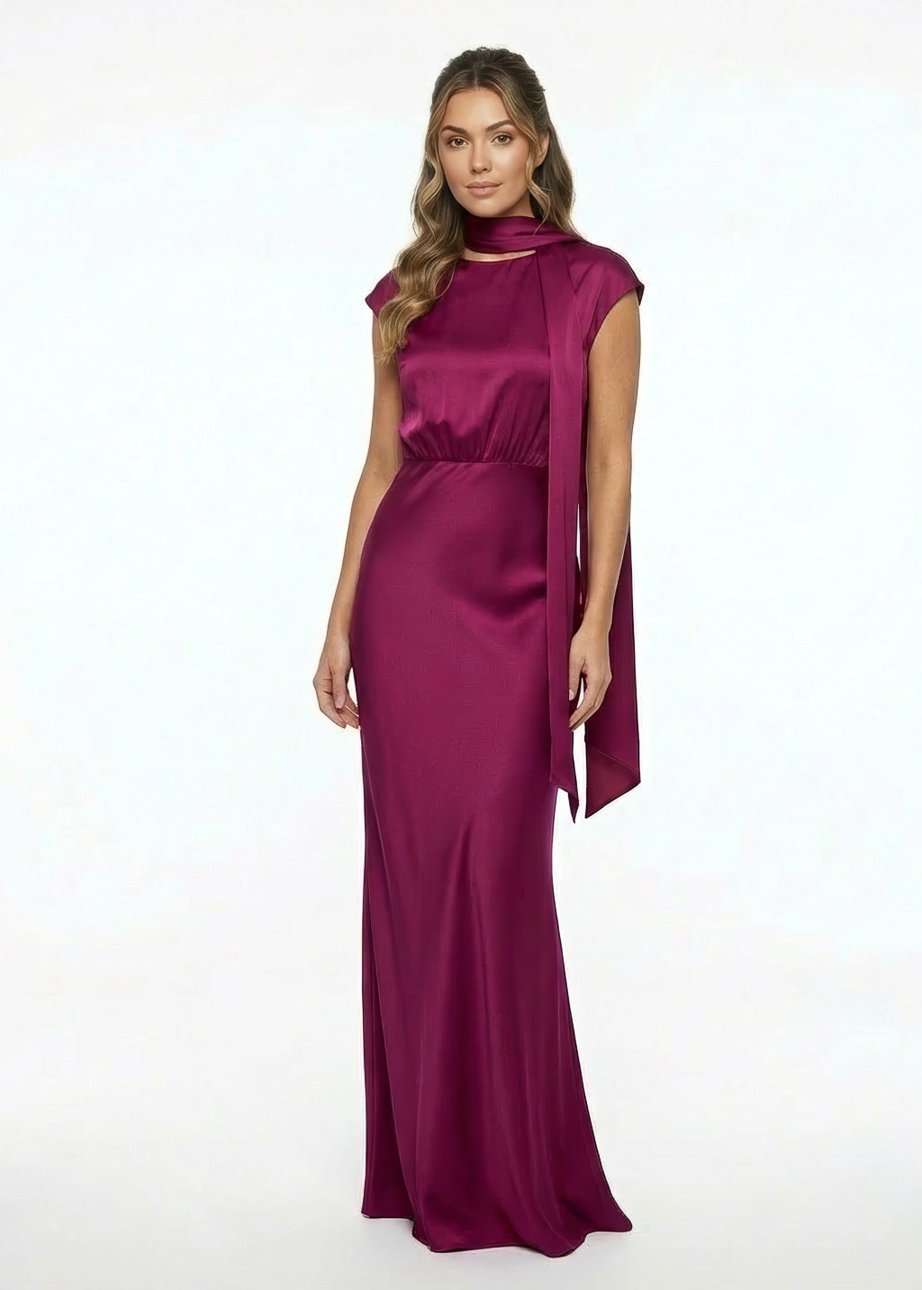 Dark Fuchsia Silk Dress with Scarf