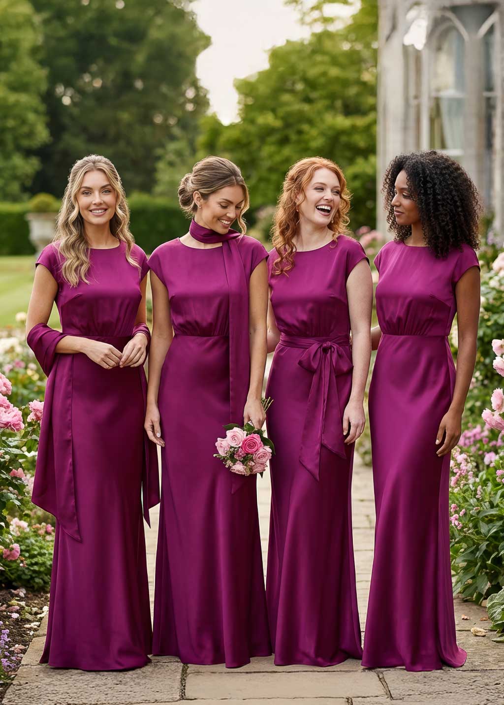 Dark Fuchsia Silk Bridesmaids Dress with Scarf, Wedding Party, Custom Made Gown Dark Fuchsia Silk Bridesmaids Dress with Scarf, Wedding Party, Custom Made Gown