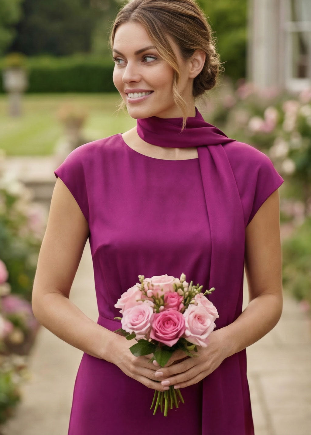 Dark Fuchsia Silk Bridesmaids Dress with Scarf, Wedding Party, Custom Made Gown