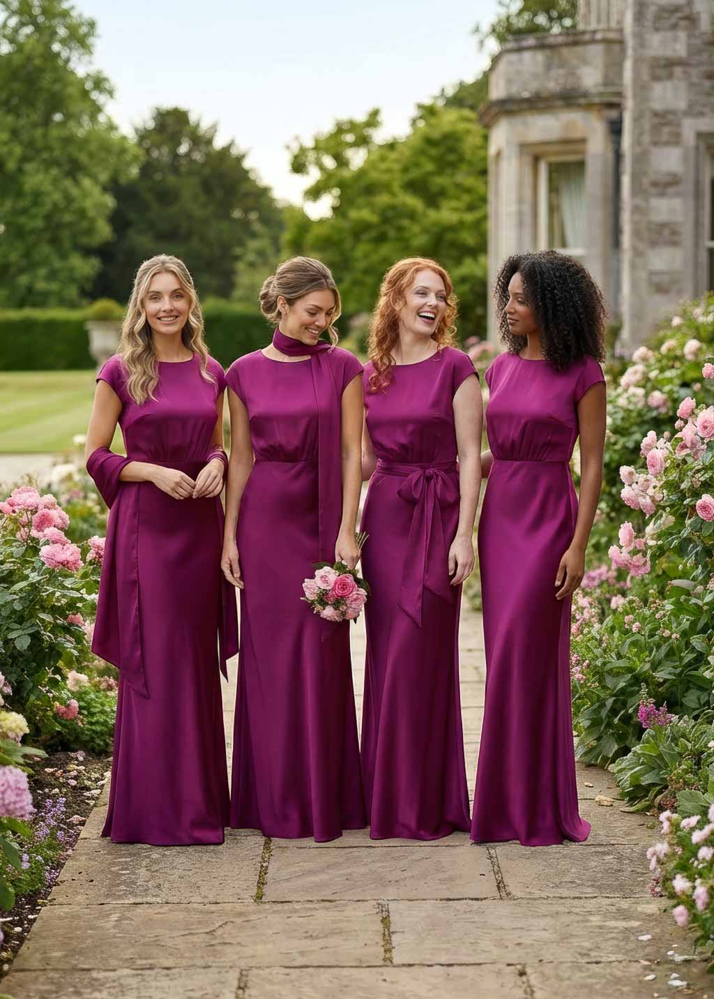 Dark Fuchsia Silk Bridesmaids Dress with Scarf, Wedding Party, Custom Made Gown