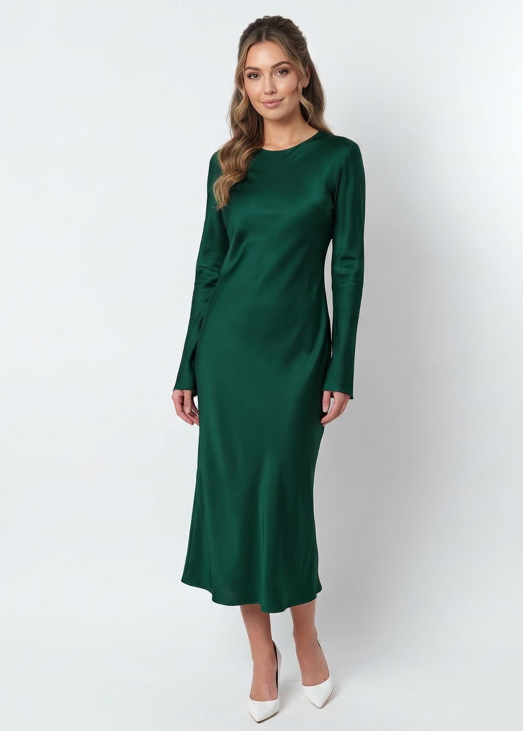 Bias Cut Dark Green Silk Dress with Long Sleeves