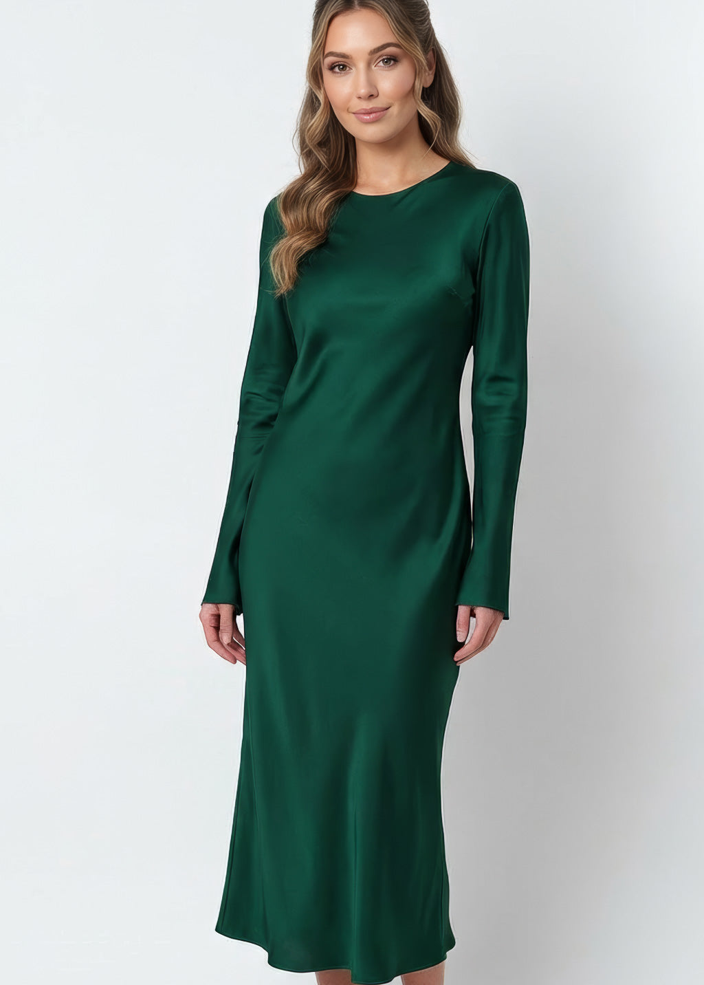 Bias Cut Dark Green Silk Dress with Long Sleeves