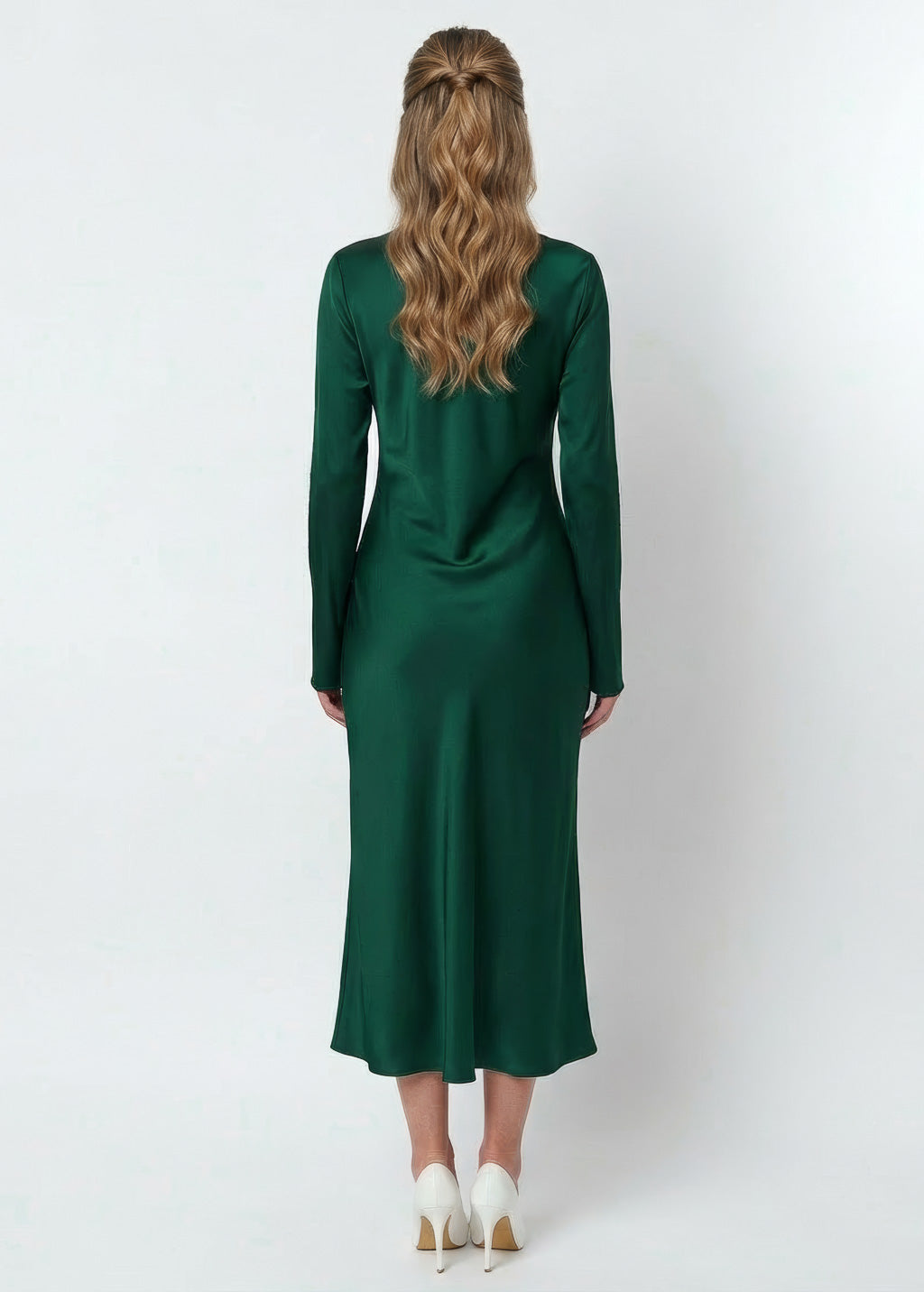 Bias Cut Dark Green Silk Dress with Long Sleeves