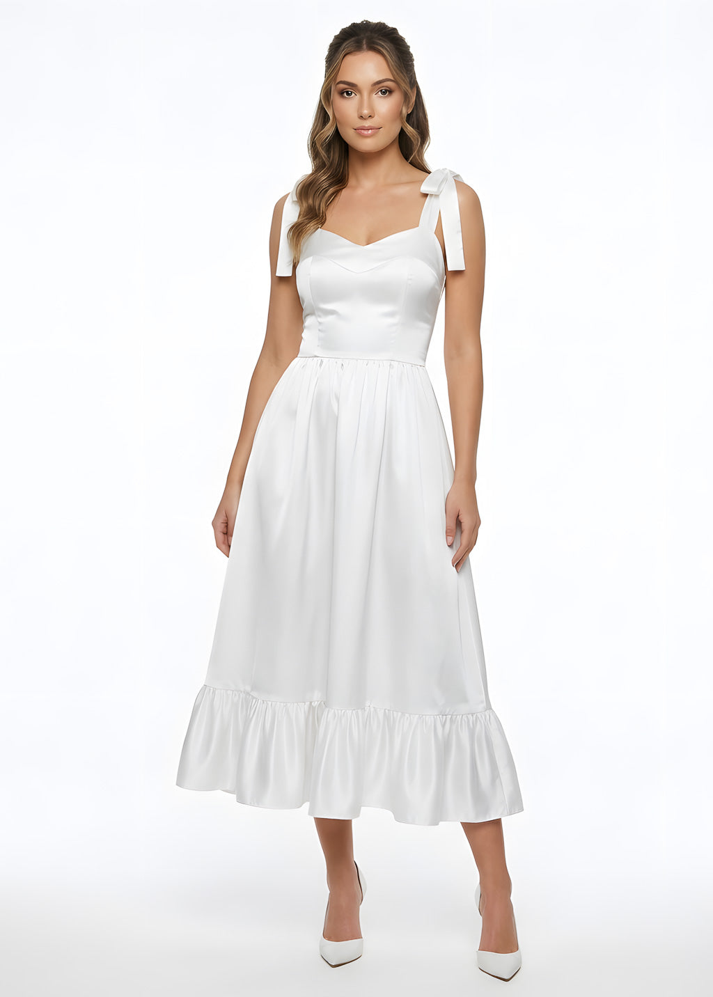 White Satin Midi Wedding Dress with Bow Straps