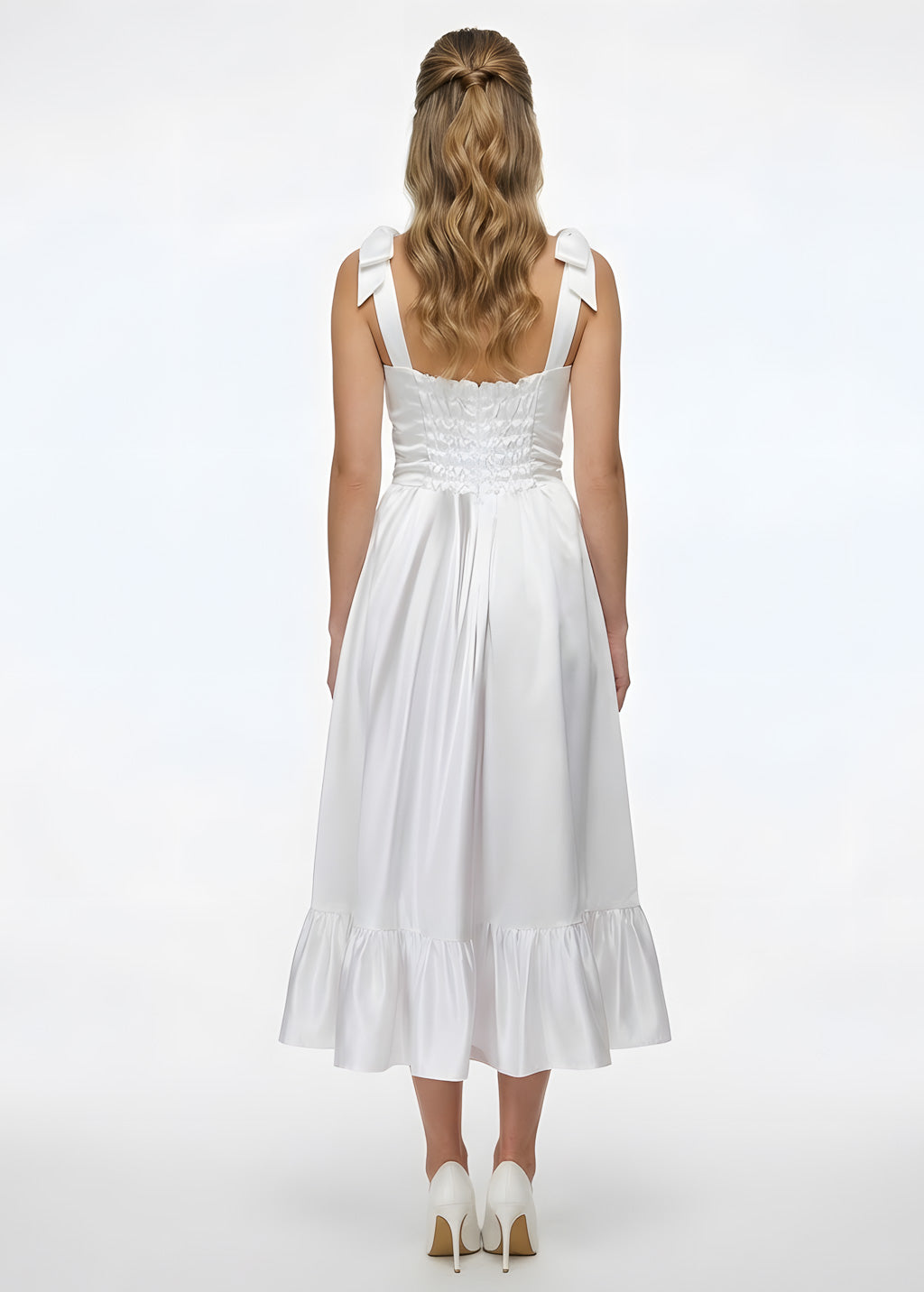 White Satin Midi Wedding Dress with Bow Straps