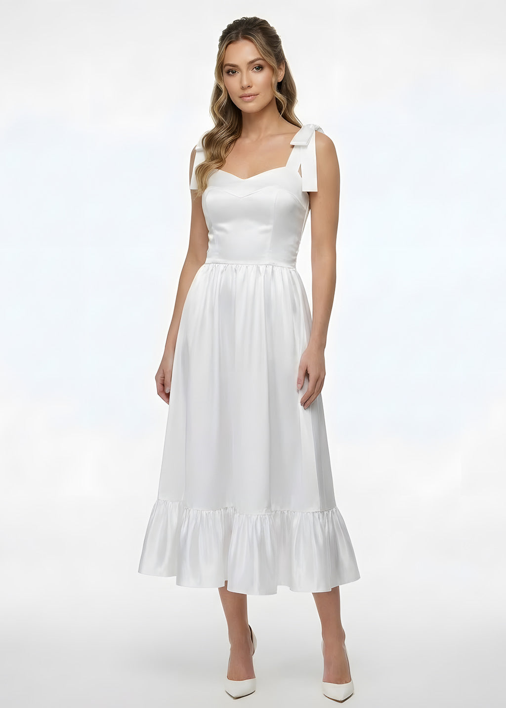 White Satin Midi Wedding Dress with Bow Straps