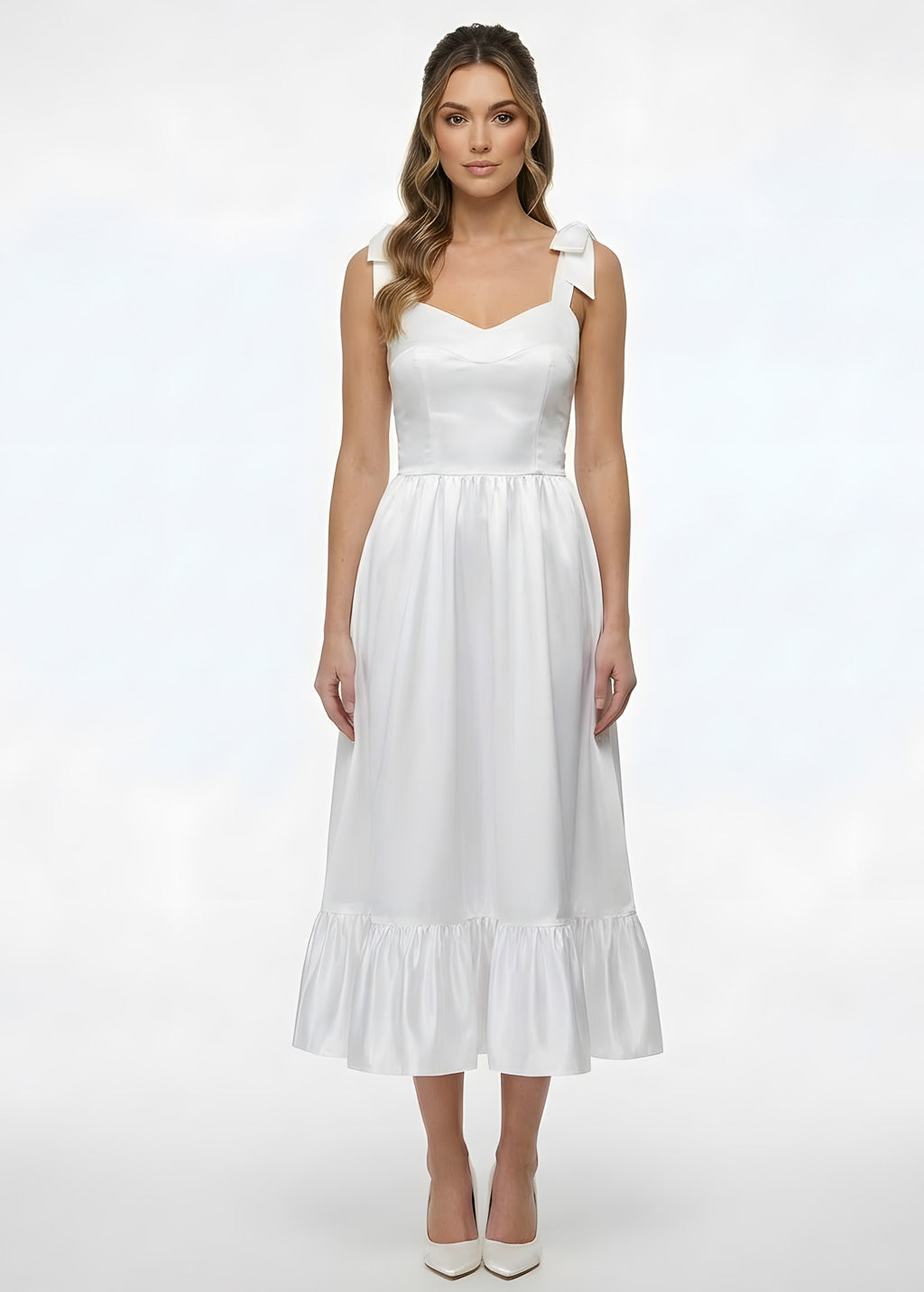 White Satin Midi Wedding Dress with Bow Straps