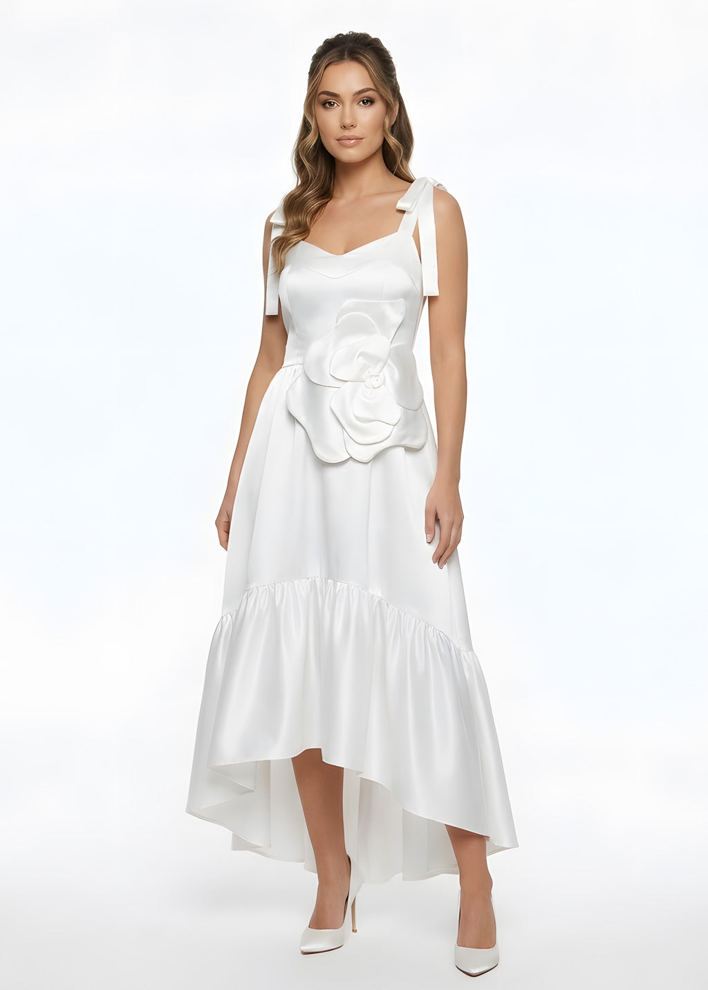 White Luxury Satin Wedding Dress with Handmade Flower