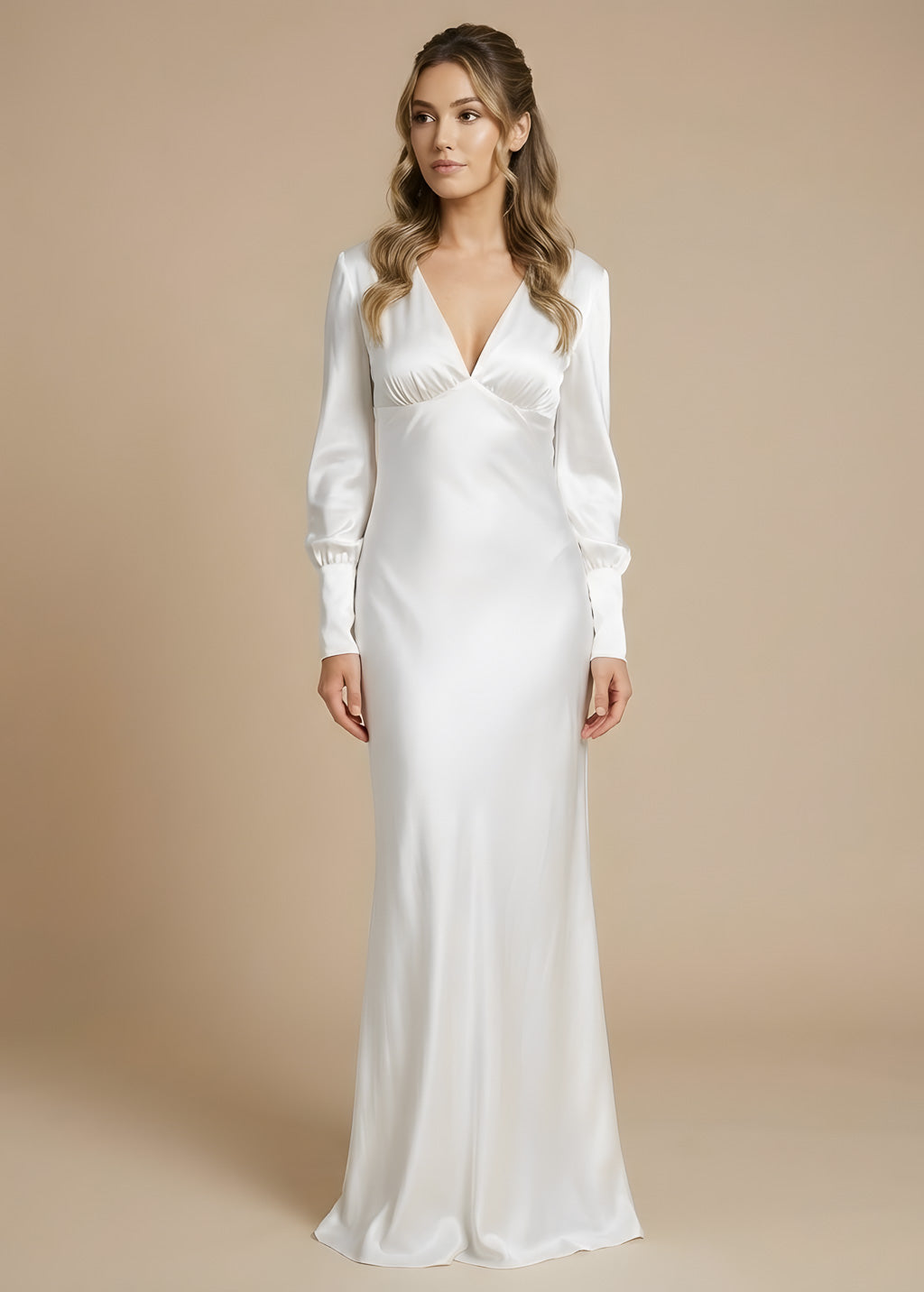 Ivory Silk Long Sleeve Wedding Dress