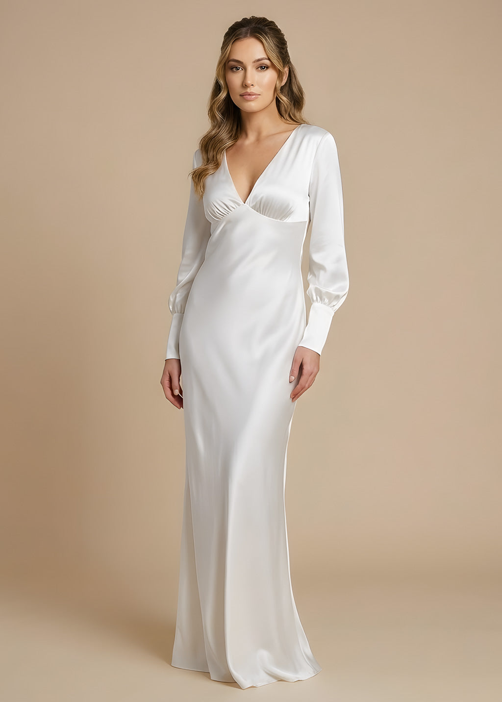 Ivory Silk Long Sleeve Wedding Dress