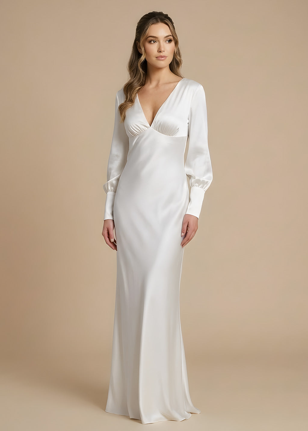 Ivory Silk Long Sleeve Wedding Dress