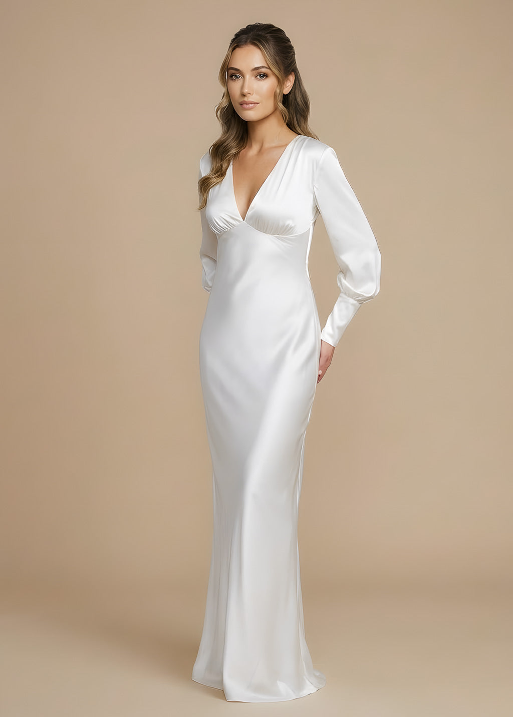 Ivory Silk Long Sleeve Wedding Dress