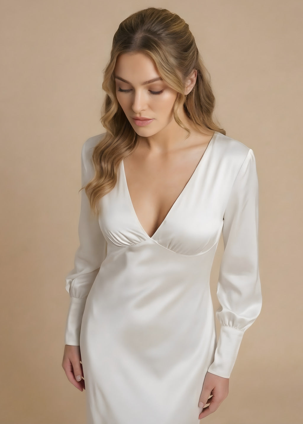 Ivory Silk Long Sleeve Wedding Dress
