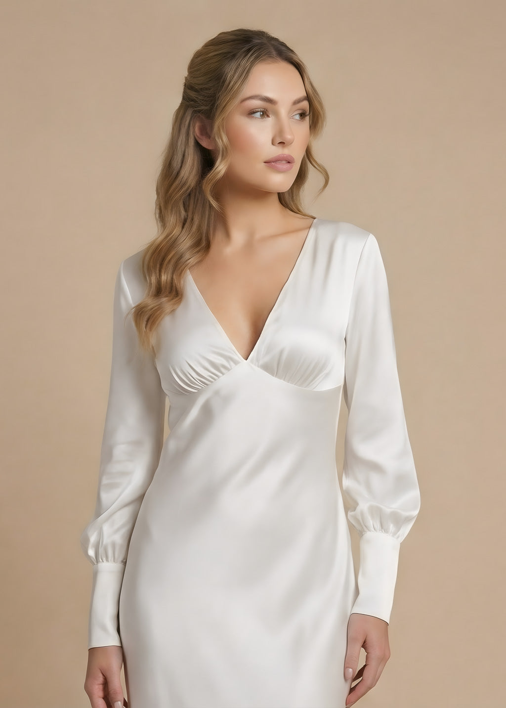 Ivory Silk Long Sleeve Wedding Dress