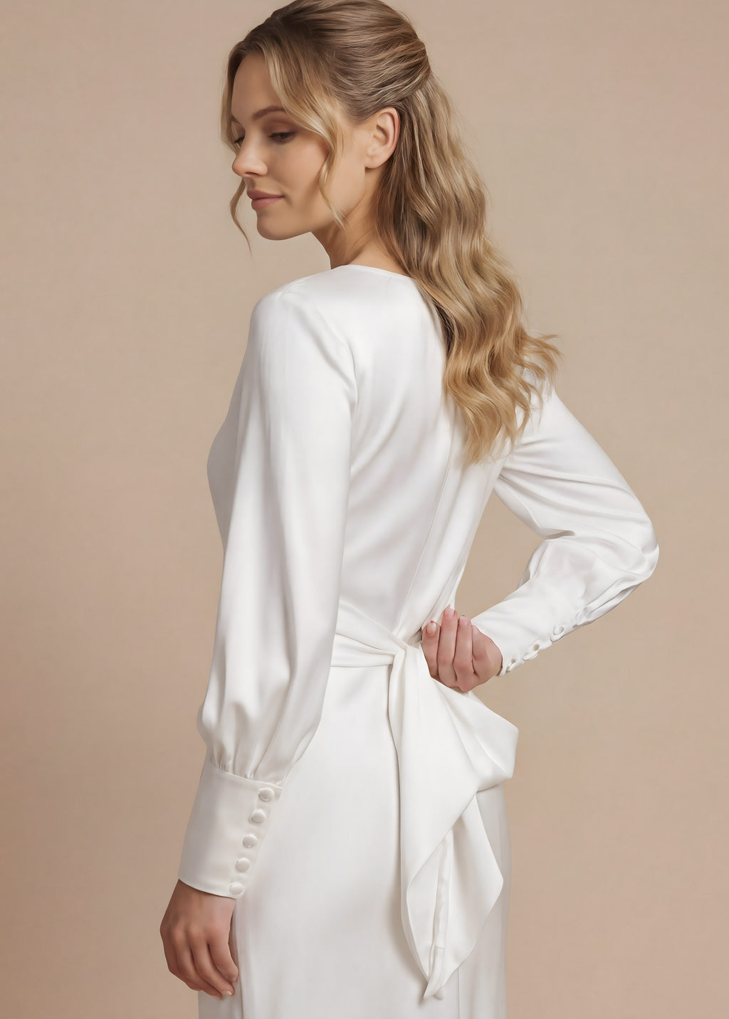 Ivory Silk Long Sleeve Wedding Dress