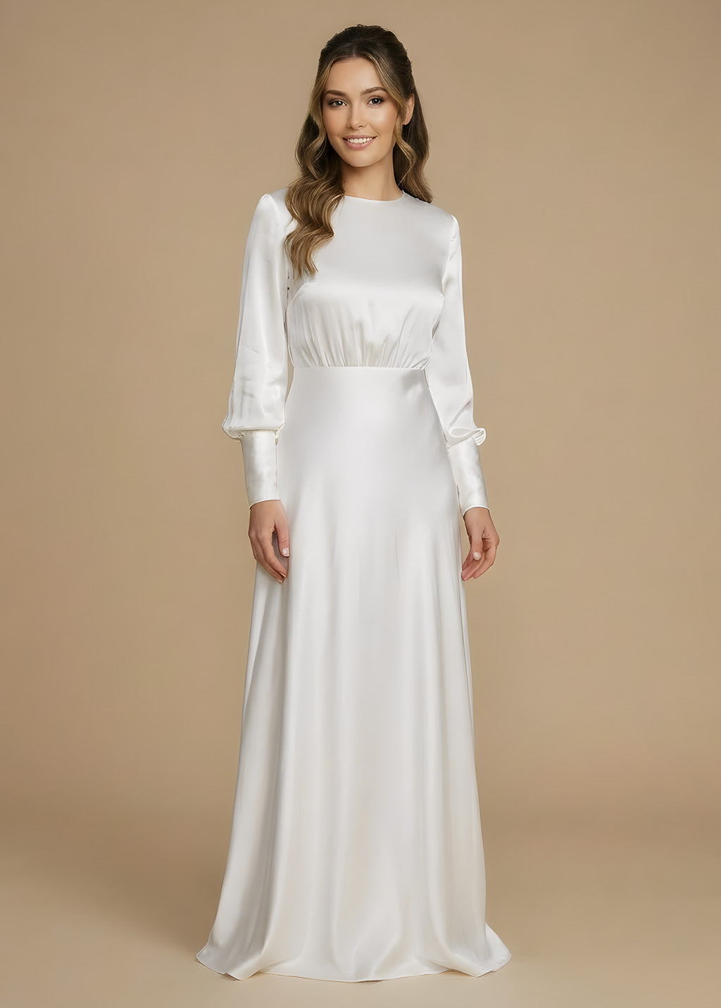Ivory Silk Wedding Dress with Long Sleeves