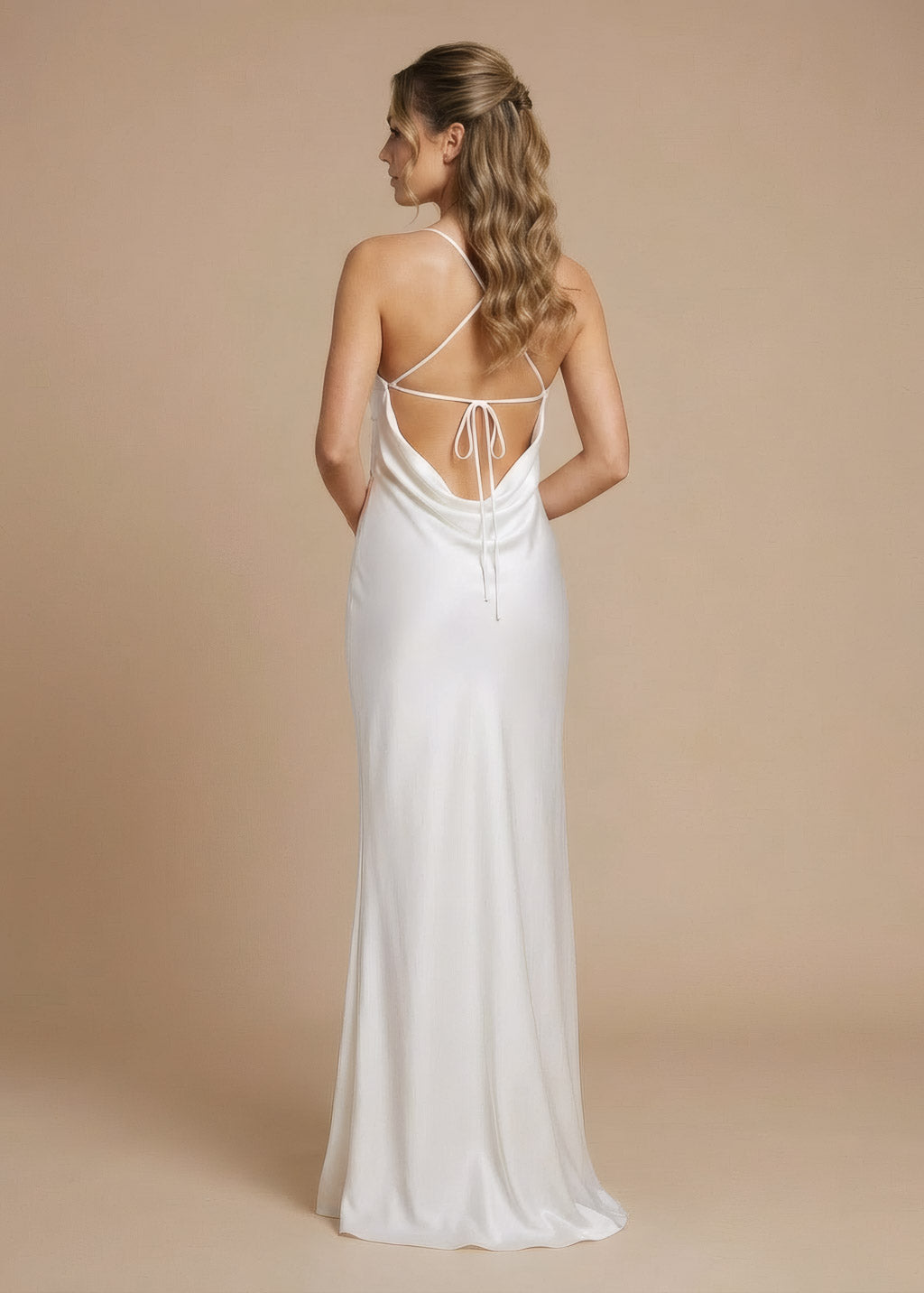 Ivory Silk Wedding Dress with Cowl Neckline and Open Back
