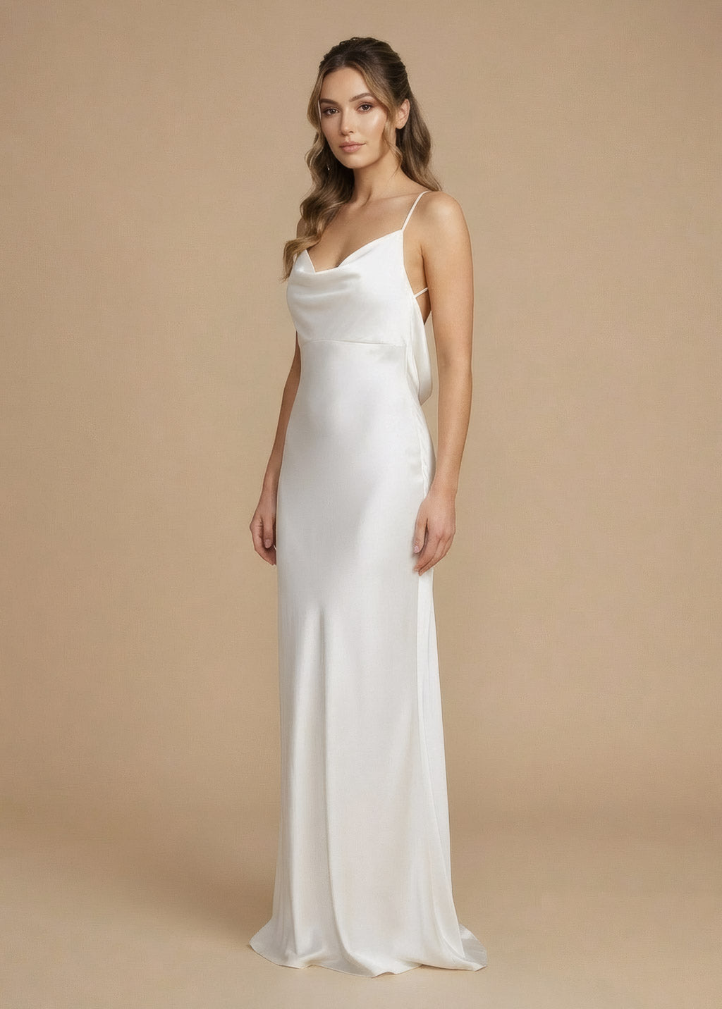 Ivory Silk Wedding Dress with Cowl Neckline and Open Back