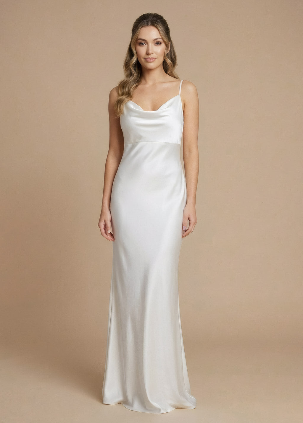 Ivory Silk Wedding Dress with Cowl Neckline and Open Back