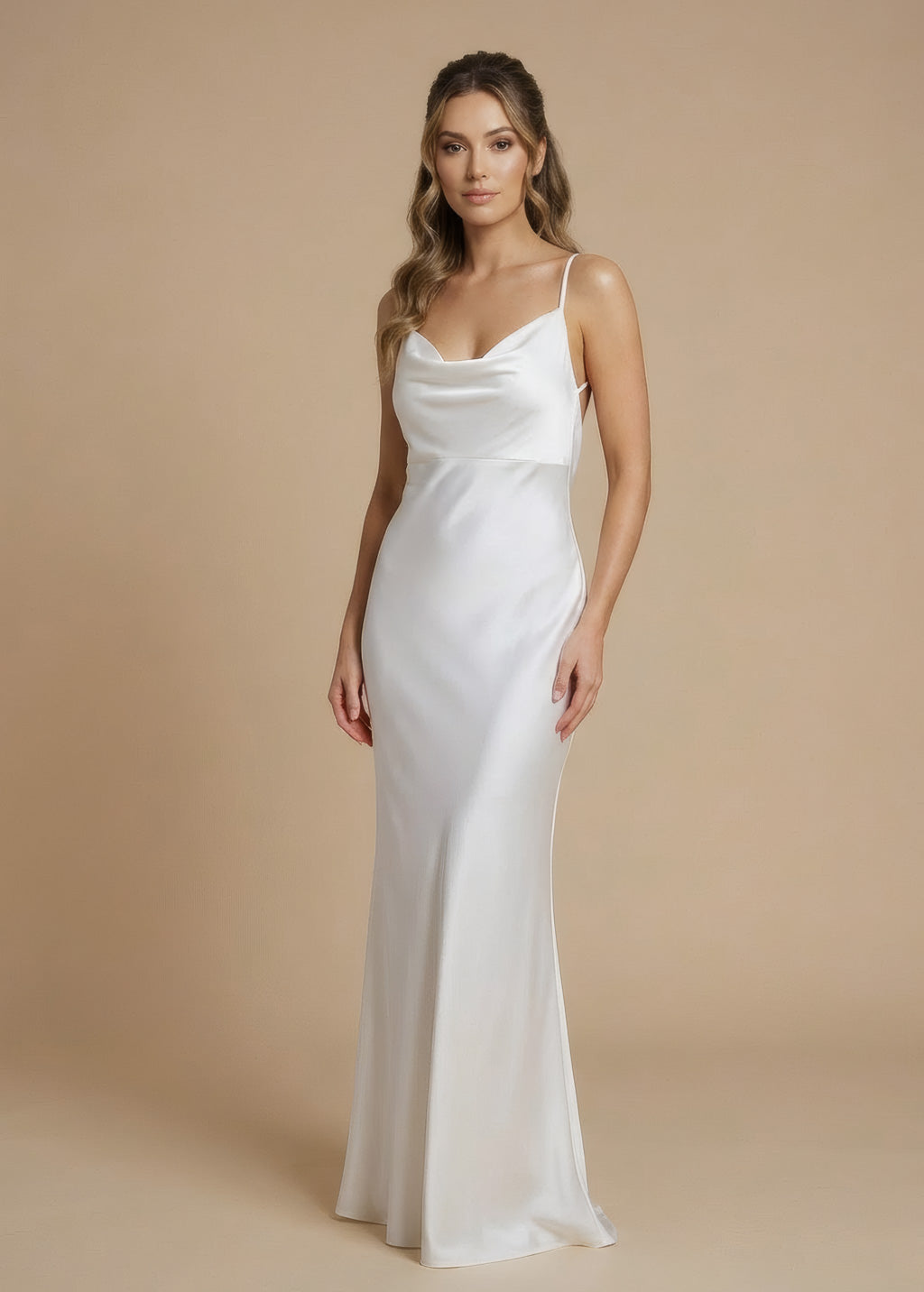 Ivory Silk Wedding Dress with Cowl Neckline and Open Back