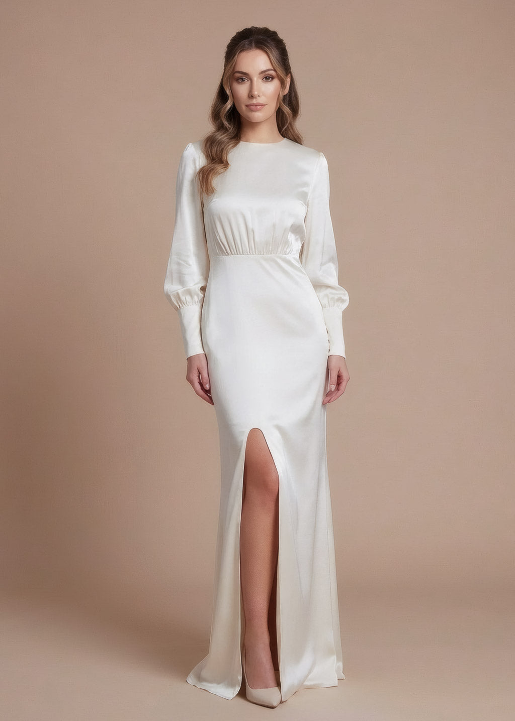 Ivory Silk Wedding Long Sleeves Dress with Cape