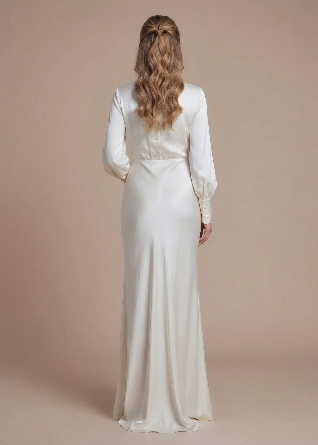 Ivory Silk Wedding Long Sleeves Dress with Cape
