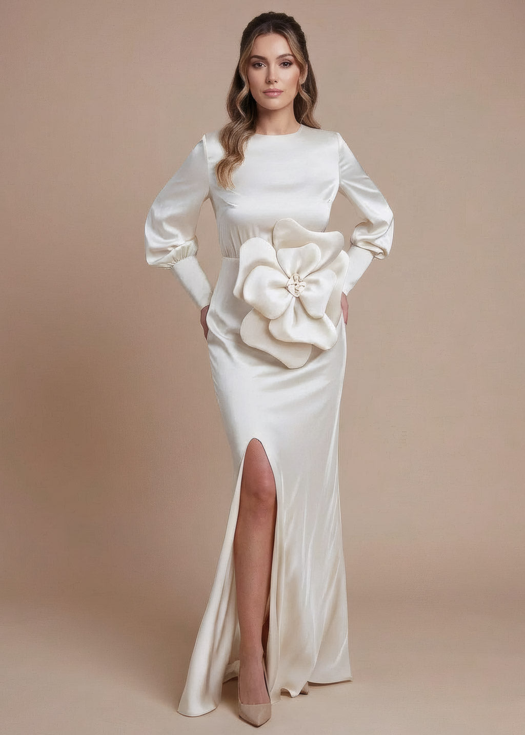 Ivory Silk Wedding Dress with Handmade Flower