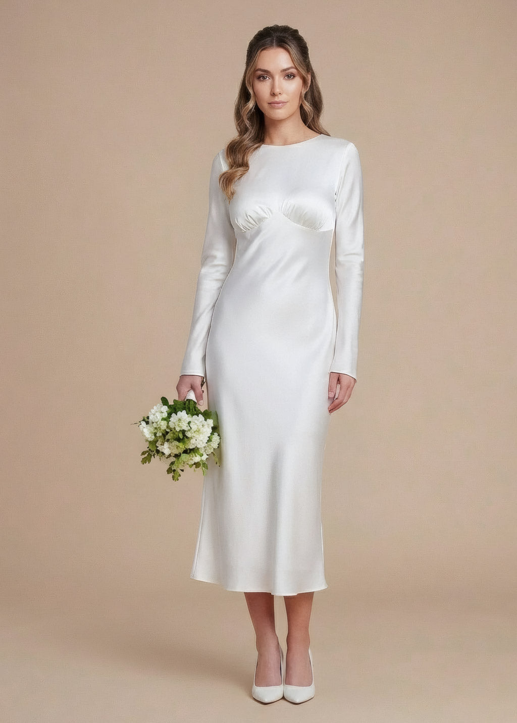 Ivory Silk Wedding Midi Dress with Long Sleeves