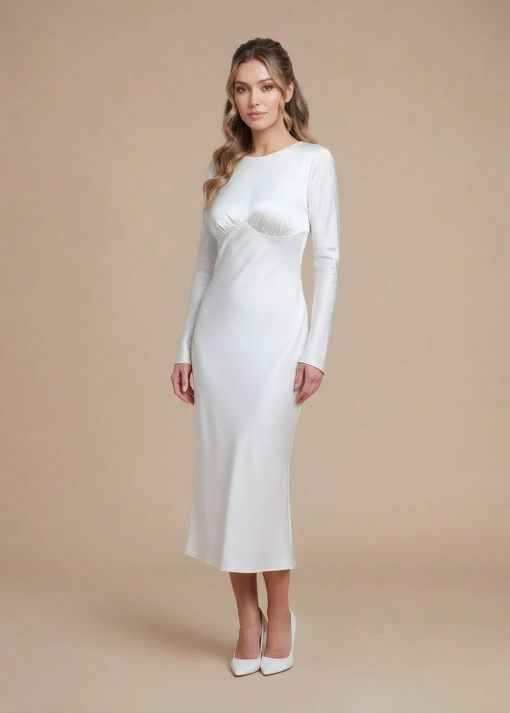 Ivory Silk Wedding Midi Dress with Long Sleeves