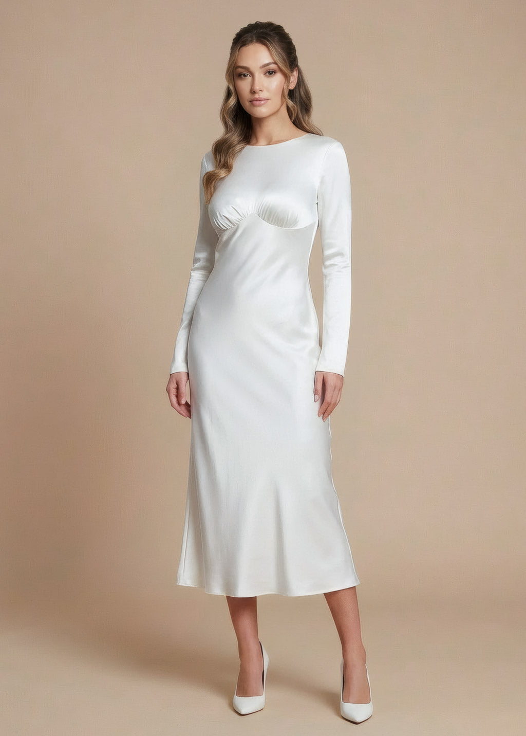 Ivory Silk Wedding Midi Dress with Long Sleeves