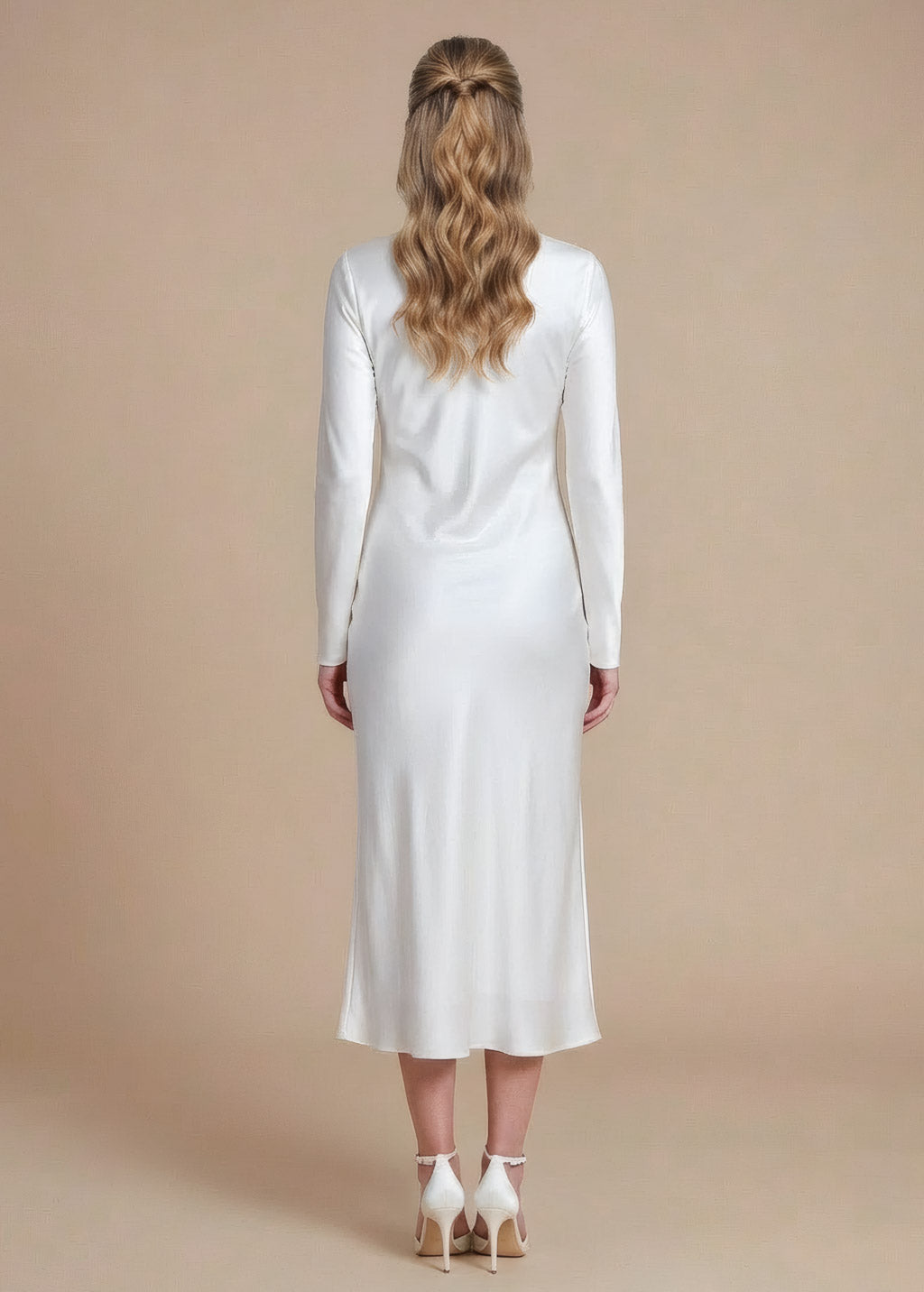 Ivory Silk Wedding Midi Dress with Long Sleeves