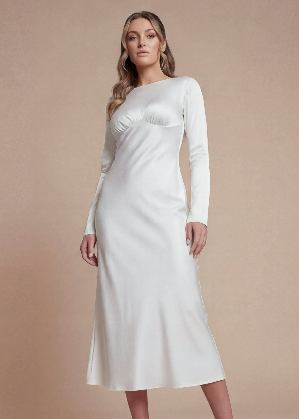 Ivory Silk Wedding Midi Dress with Long Sleeves