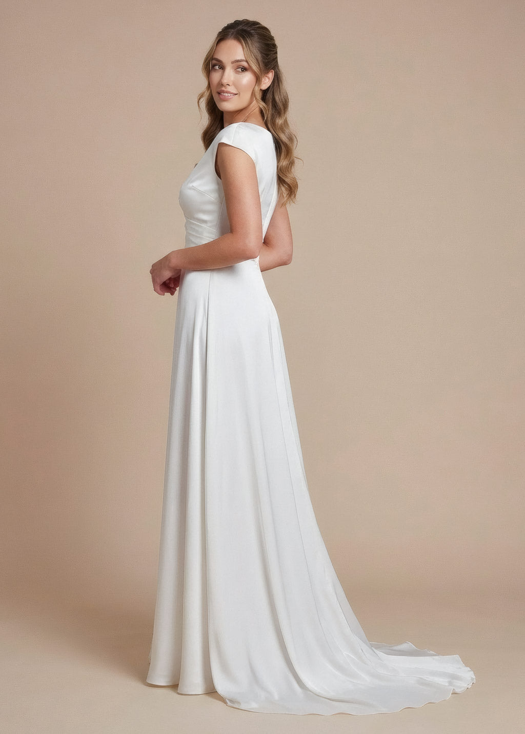 Ivory Silk Wedding Wrap Dress with Train