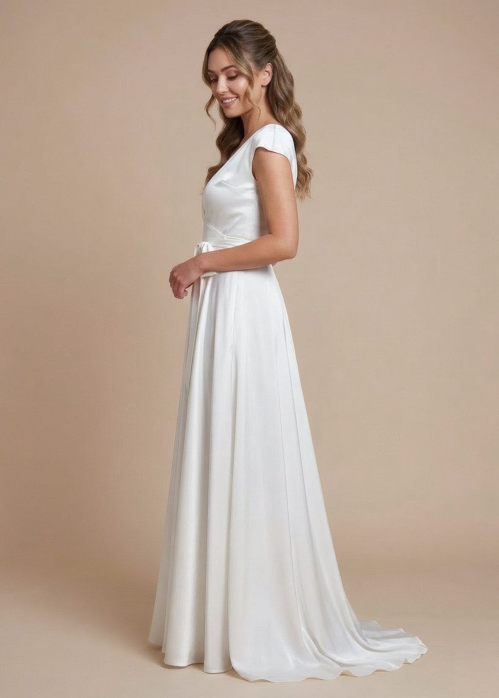 Ivory Silk Wedding Wrap Dress with Train