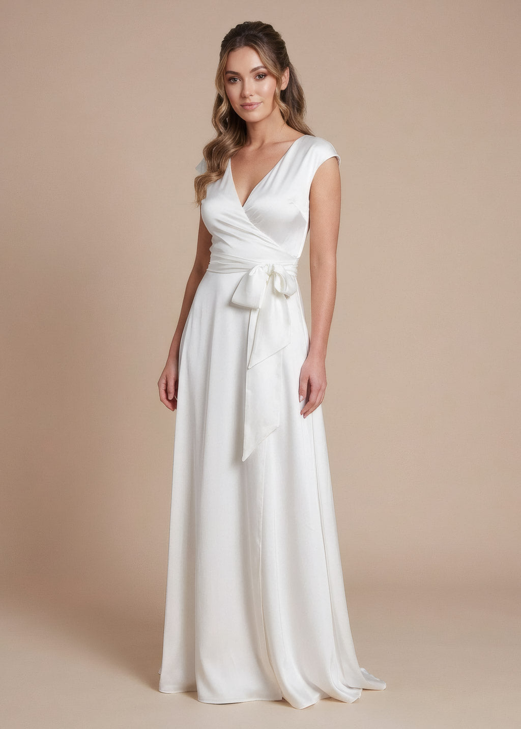 Ivory Silk Wedding Wrap Dress with Train