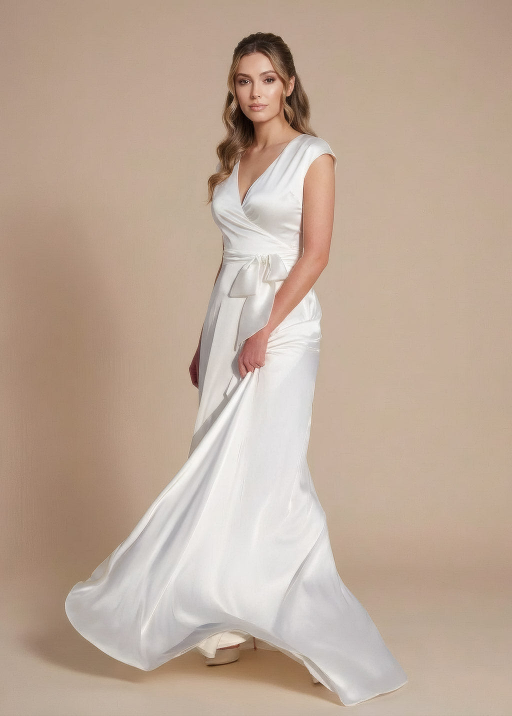 Ivory Silk Wedding Wrap Dress with Train