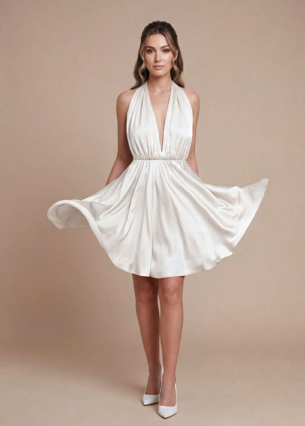 Ivory Silk Halter Mini Wedding Open Back Dress